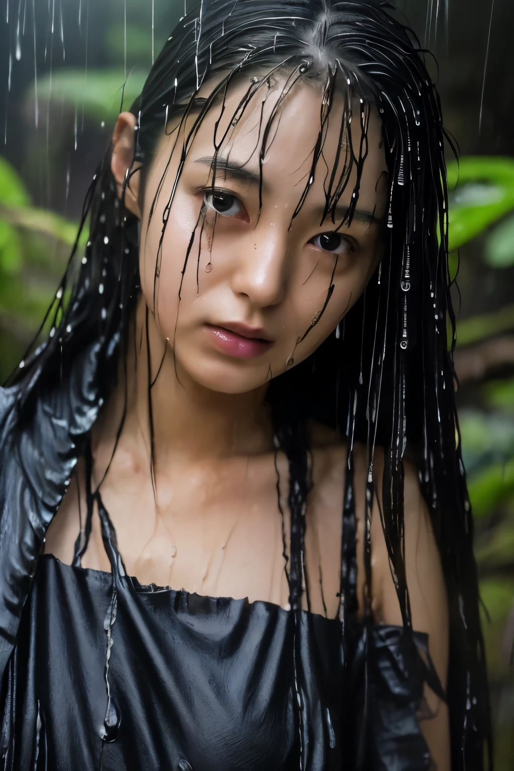 Best Image Quality, masterpiece, Ultra high resolution, (loyalty :1.4), Skinny Japanese woman, 1 girl, detailed face, detailed eyes, correct human body structure, dim, Dark, Tears, Tearsdrop, (wet soaked clothes sticking to the body:1.4), bare shoulders, wet hair, torrential rain, in the deep forest,