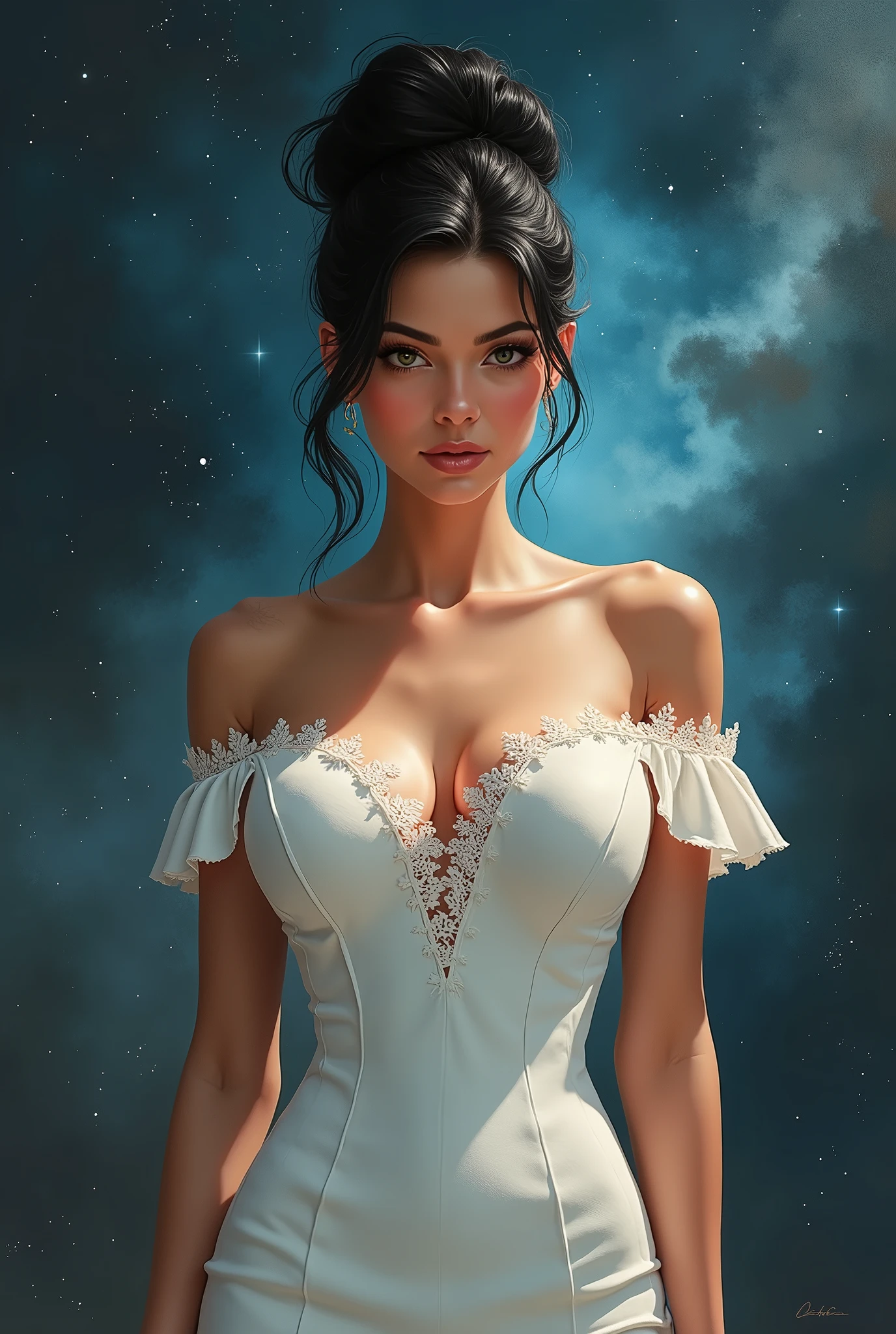 portraite superior do corpo, (chin up), beautfull woman, skin fair, hands on sides, wearing sexy dress, realisitic, caucasiano, elegant black hair updo, white lace off the shoulders dress, (Outer space, nebular background), raw work painting, dramatic lighting, shiny and smooth, wall-paper, smooth ass, high-quality, centred, illustration, detaileds, portraite, beautiful digital painting, illustration digital impressionante, Charlie Bowater, art station, style of charlie bowater, Charlie Bowater art style, charlie bowater character art, estilo de arte realisitic, illustration digital bonita, stunning digital painting