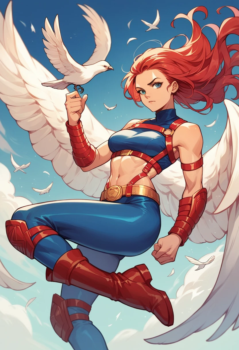 1girl, long red hair, white bird-wings, dark blue crop top, dark blue arm guards, bare hands, gold belt, dark blue leggings, red high boots, gold harness, marvel