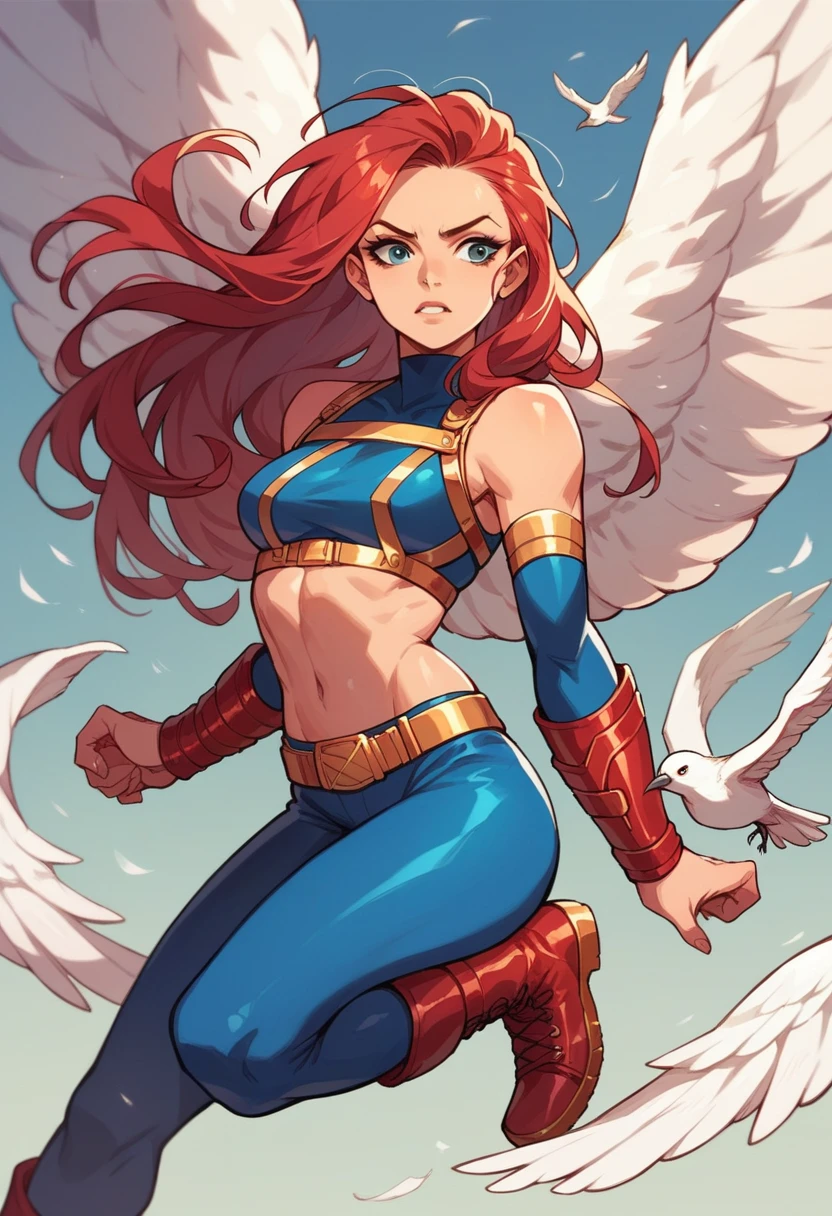 1girl, long red hair, white bird-wings, dark blue crop top, dark blue arm guards, bare hands, gold belt, dark blue leggings, red high boots, gold harness, marvel