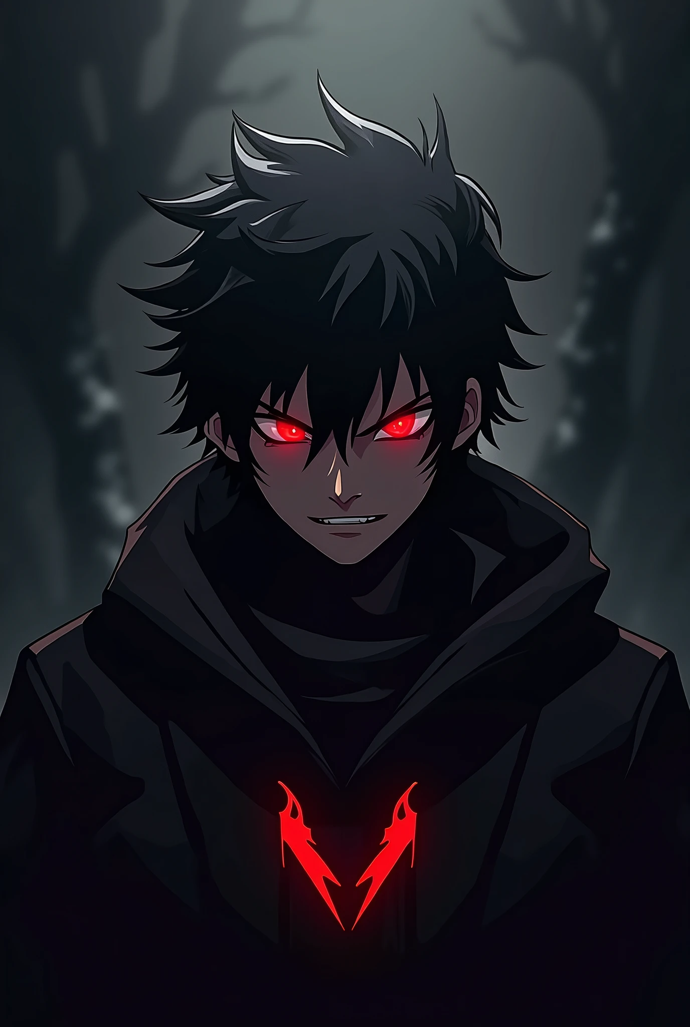  "IROS GAMING" in a bold, modern font that complements the dark, intense theme. A dark-shaded anime character with a menacing look. The character should have a prominent, intimidating expression with striking red eyes. Dark tones (black, gray) with accents of red for the eyes and possibly other details to enhance the overall fearsome look. The character can be either a full face or a more stylized, abstract version to keep the logo clean and versatile.
