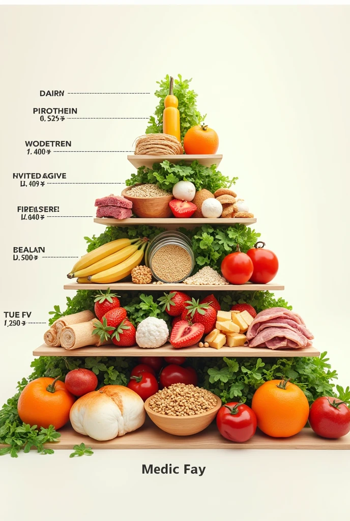 Generate a random food pyramid that i consume and monday to friday with description