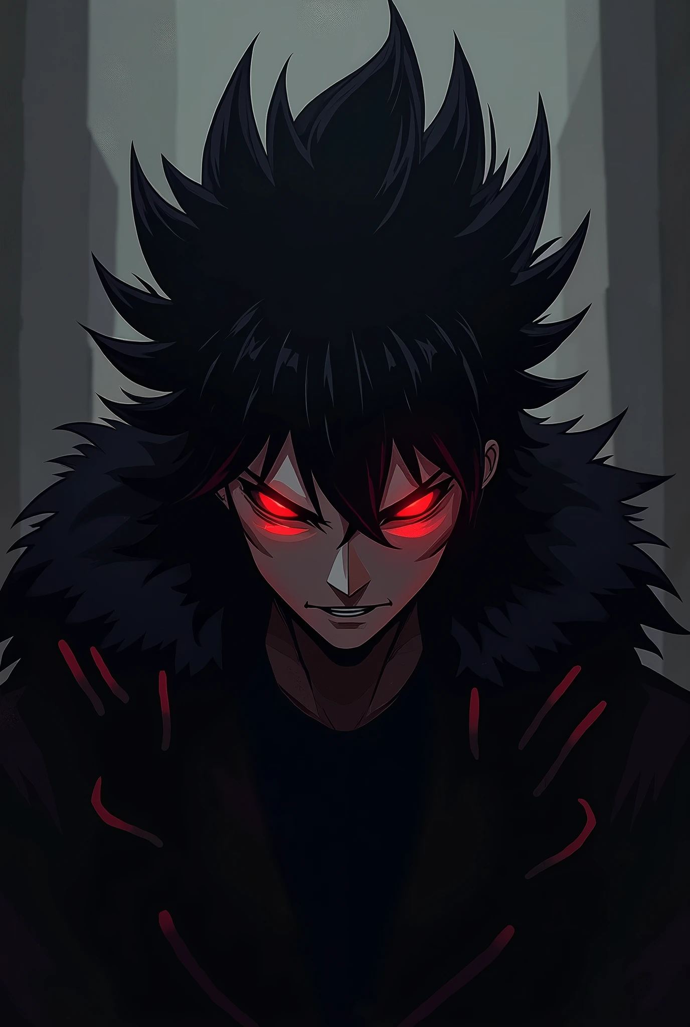 "IROS GAMING" in a bold, modern font that complements the dark, intense theme. A dark-shaded anime character with a menacing look. The character should have a prominent, intimidating expression with striking red eyes. Dark tones (black, gray) with accents of red for the eyes and possibly other details to enhance the overall fearsome look. The character can be either a full face or a more stylized, abstract version to keep the logo clean and versatile.