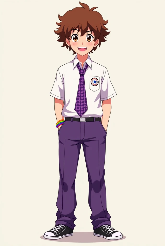 Un lycéen d'anime aux cheveux bouclés et châtains, sans frange. Il porte pour uniforme une chemise blanche, une cravate violette à carreaux et un pantalon violet aussi. Il porte le blason du président des élèves à son épaule, il est un peu dodu, il a un visage rond et gentil. Il a l'air excentrique . Ses chaussures sont des converses noires et il porte un bracelet LGBT.  Il se tient droit, et de face. 