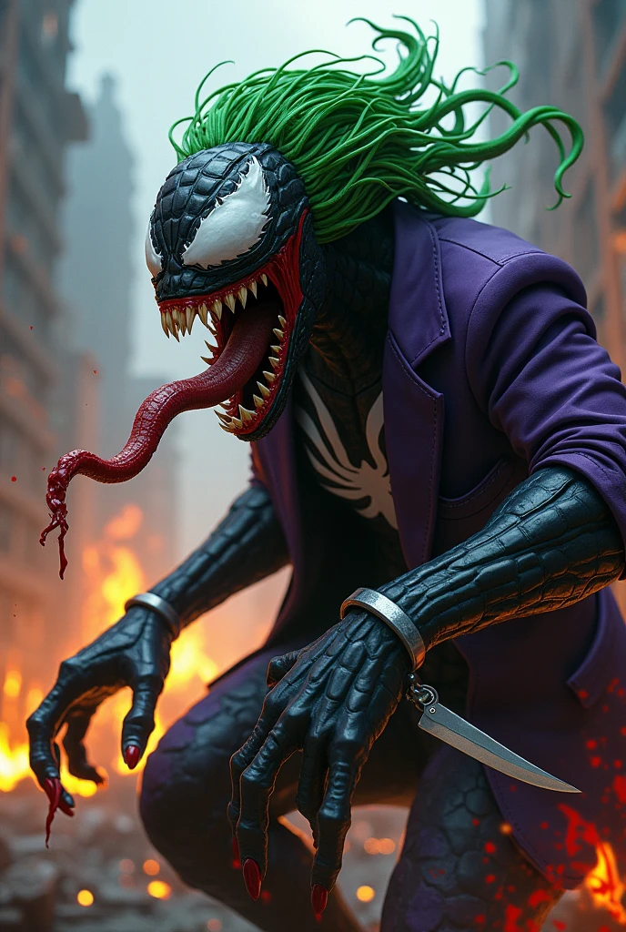 "Draw a terrifying being that combines madness and malice。Venom and the Joker combined、His whole body is covered in a jet black symbiote.、A manic joker smile is etched on his face。The sharp fangs shine eerily、poison々Her bright green hair flows in waves.。The eyes are dyed crimson、It has such an eerie look that you can almost hear the laughter.。The long tongue stretches out like a snake、Its sharp, bloody claws look ready to tear apart its prey.。In the background、A ruined gothic city spreads out、The scene depicts a raging fire and blood stains.。Symbolizes the destruction and madness that this creature&#39;s presence causes.、Make sure you convey an overwhelming sense of fear。"Make the Joker wear a purple jacket, which is a trendy mark of the game.。A knife in the hand、Emphasis on Venom