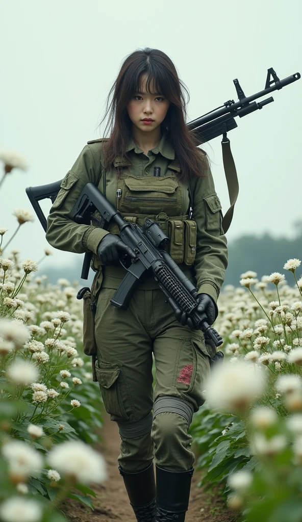 Photo-realistic, ultra-realistic, (very beautiful Japanese, famous Japanese idol:1.3), (Fully equipped for battle:1.5), large assault rifle on her back, (amazing view of white flower farm:1), (painful impressions, crying:1.3), (wearing an army soldier's Camouflage outfits with military helmet:1.5), (standing in the middle of the white flower farm:1.3), very large breasts, (tactical vest, military harness:1.3), (military long boots:1), dynamic angle, spectacular, (injured:1.3), (muddied, damaged wears, damaged body:1.3),