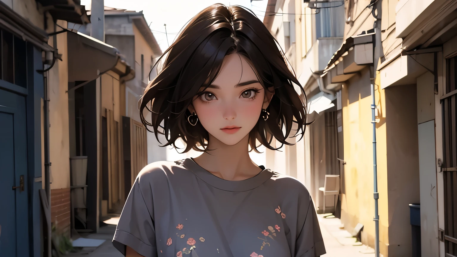 A beautiful woman. Twenty years old. Detailed drawing of the face. Dark brown hair. She looks around the space in surprise. The season is summer, and she is wearing a short-sleeved shirt. She stood alone in the back of the alley