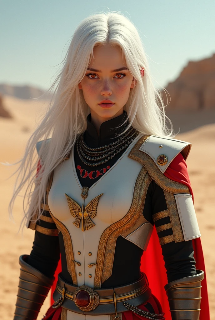 Bell Cranel white hair red eyes white skin desert mesopotamian military suit with orario flag and a necklace of black bones and red eyes