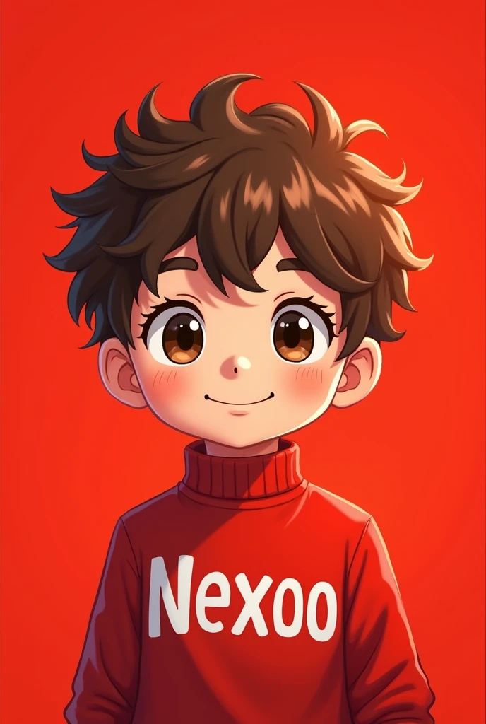 Make me a boy who looks like in anime he has brown curls and the background is red he should smile and the background should also be red and he has a red sweater with Nexoo written on it in white letters