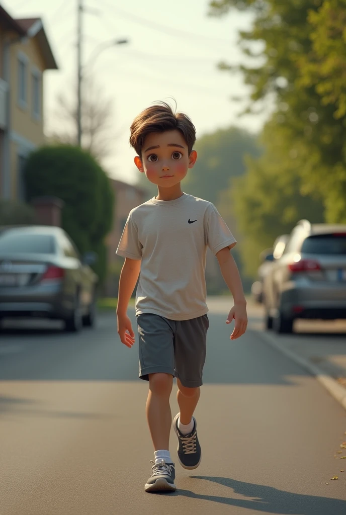 A young boy in sportswear walking home tired but determined 