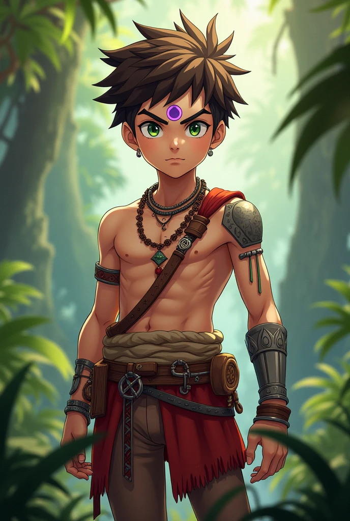 oc anime human, male, spiky brown hair, green eyes, has an amputated left arm, indigenous tribe clothes, purple circle tattoo on his forehead