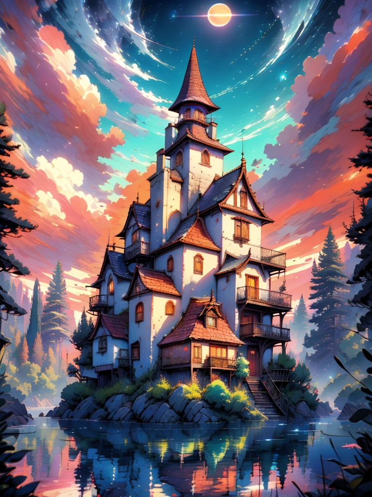 A serene illustration of a lakeside sunset with vibrant hues of pink, orange, and purple, a small, cozy cabin with glowing windows is situated on the right bank, surrounded by tall pine trees, the lake reflects the colorful sky, the setting sun behind distant mountains, calm atmosphere, masterpiece, high quality