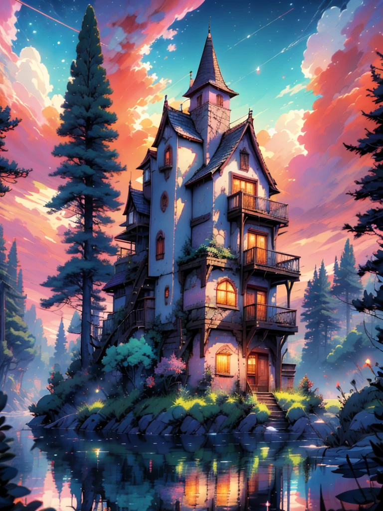 A serene illustration of a lakeside sunset with vibrant hues of pink, orange, and purple, a small, cozy cabin with glowing windows is situated on the right bank, surrounded by tall pine trees, the lake reflects the colorful sky, the setting sun behind distant mountains, calm atmosphere, masterpiece, high quality