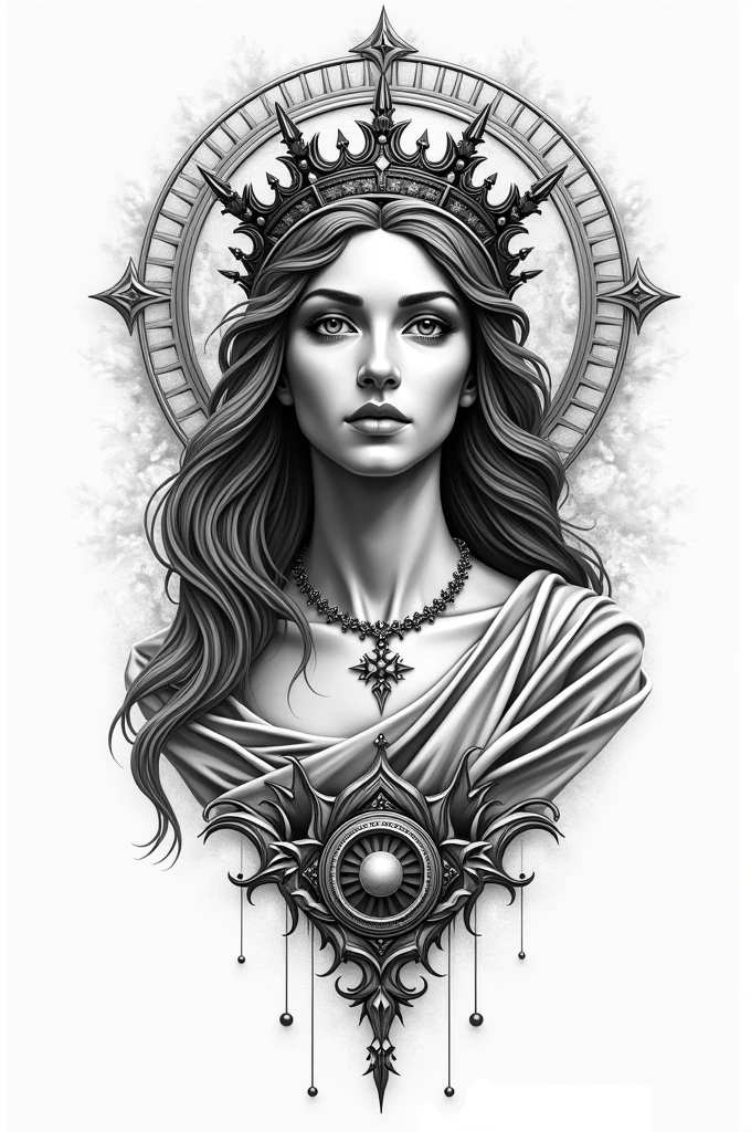 Create a tattoo image of the goddess of justice with the phrase written audent fortuna iuvat