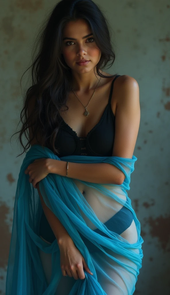 India girl, wearing blue saree, black blouse, both ttransparent, lifting up saree to show thighs