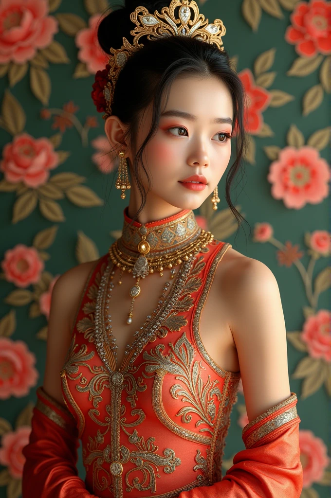 Maximumlism, hyper realistic, vivid colour, full body shot sharp focus digital photo style Thai graphic of a very beautiful ancient teen Thai female slender coquettish wearing a luxury traditional Thai dance costume.full body has a wall paper background of beautiful 3D Thai floral patterns.