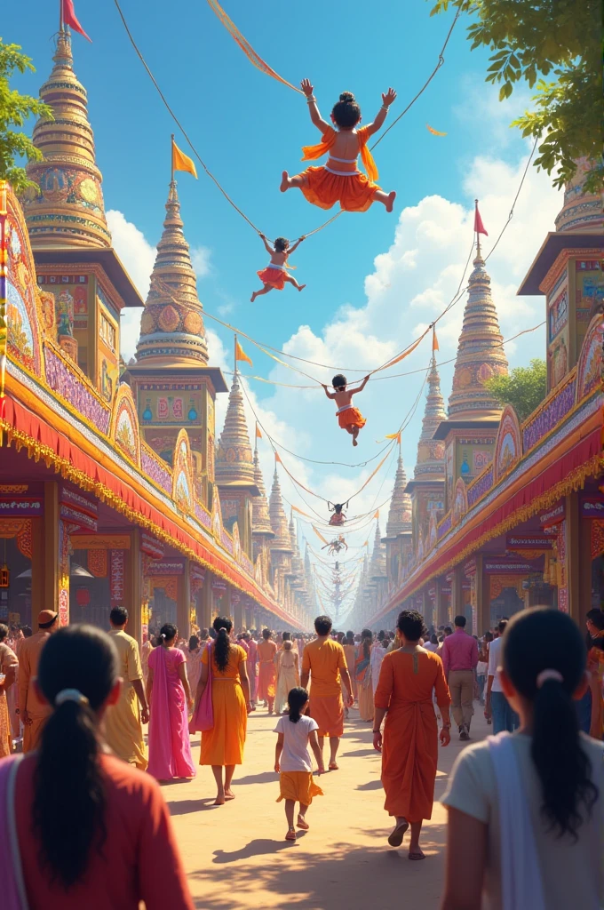 Make a thumbnail in which a Krishna Janmashtami fair is organized and people are roaming around and children are playing in different types of swings.