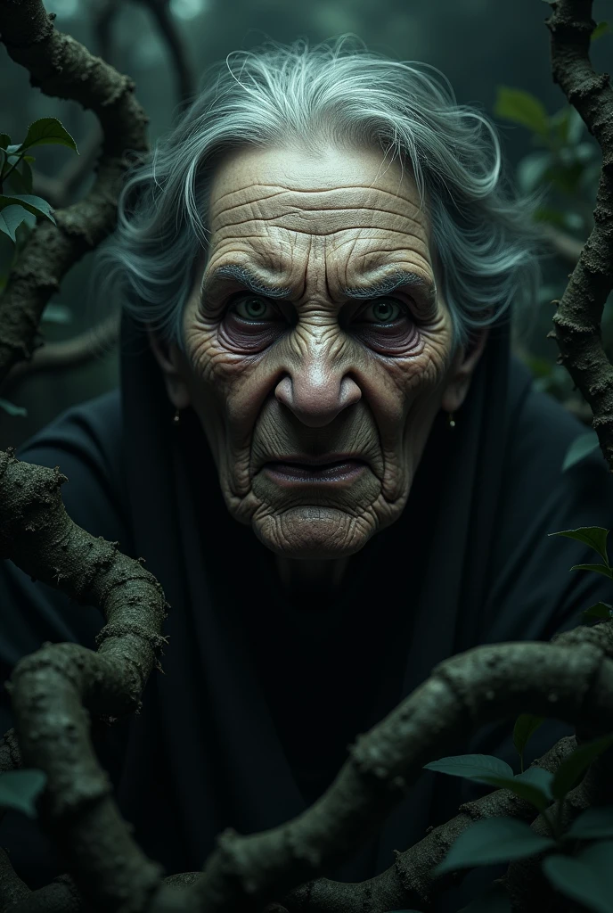 old lady black eyes angry face, horror, jungle , black, Black theme