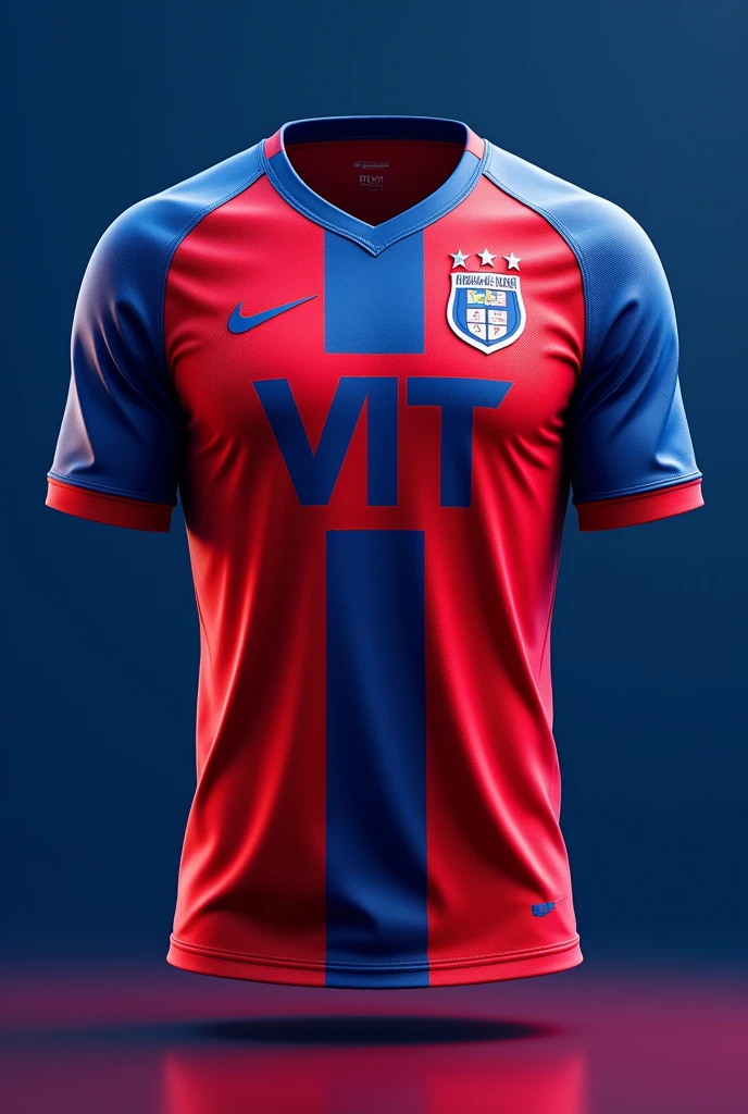 Generate 10 football jersey designs in red and blue colours with 'VIT' logo on the chest 