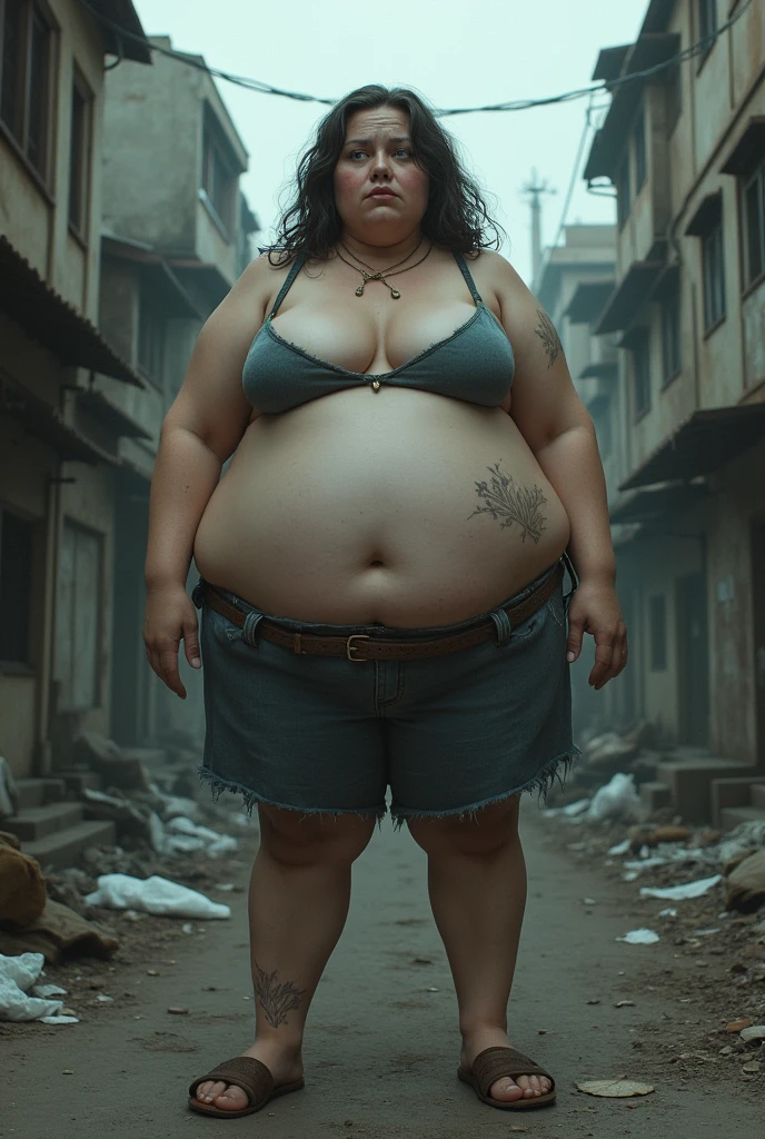 A 2 obese fat pale brown blue eyed woman wearing a trashy crop top in the ghetto