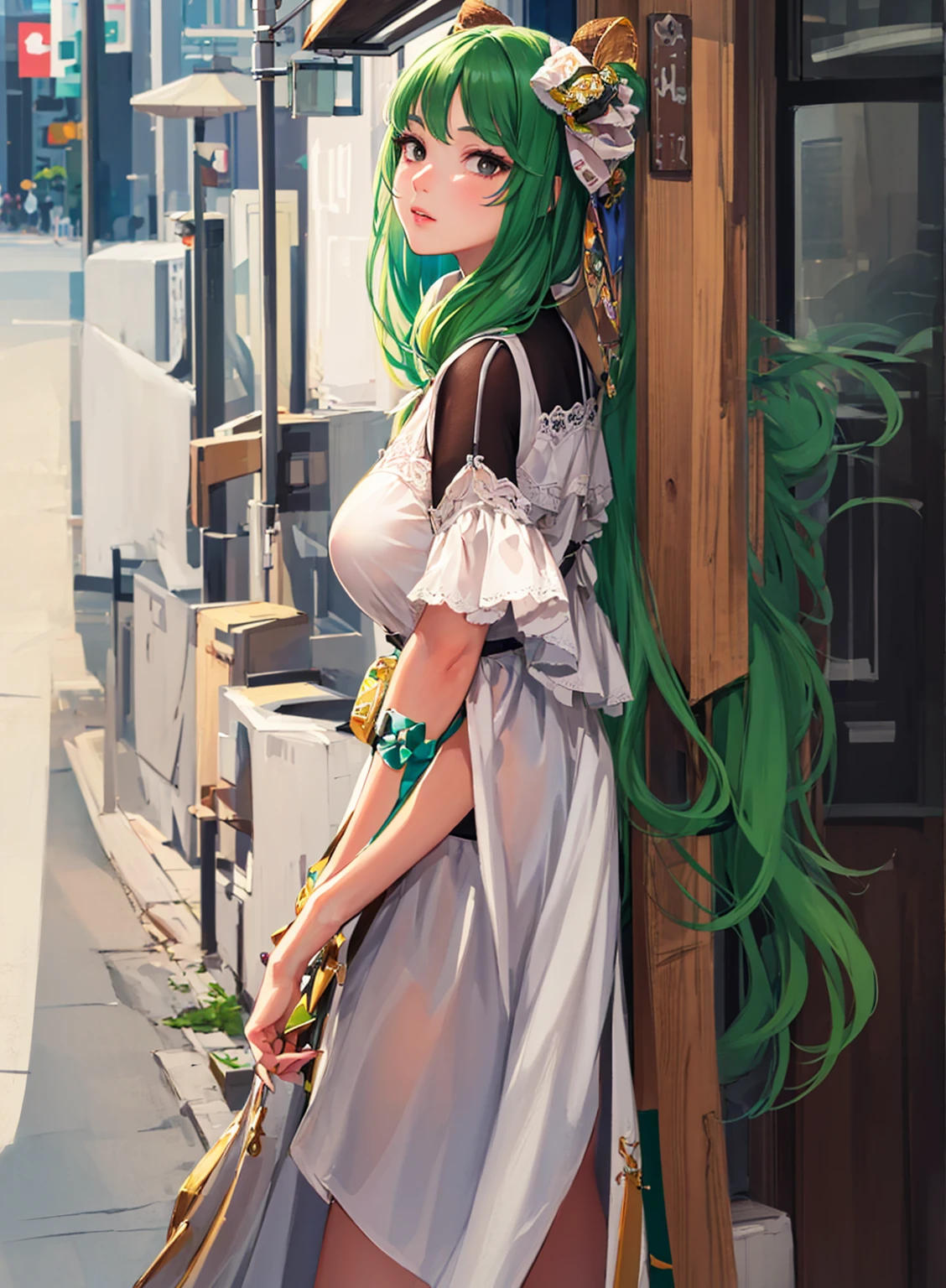 ((masterpiece)), (((best quality))), chromatic lighting,
colorized, green + white limited color palette, 
detailed concept drawing,
Shibuya street fashion,
portrait, 20yo 1girl, medium soft breasts, slender, long green hair, black eyes, in a city,