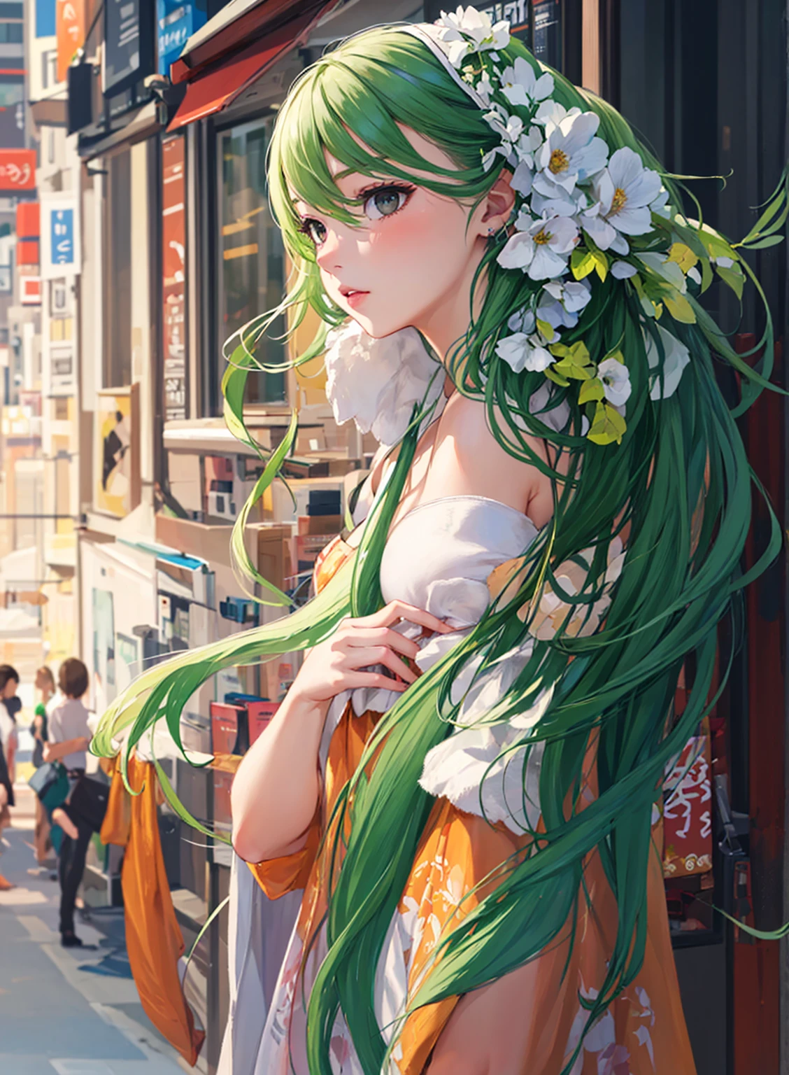 ((masterpiece)), (((best quality))), chromatic lighting,
colorized, green + white limited color palette, 
detailed concept drawing,
Shibuya street fashion,
portrait, 20yo 1girl, medium soft breasts, slender, long green hair, black eyes, in a city,