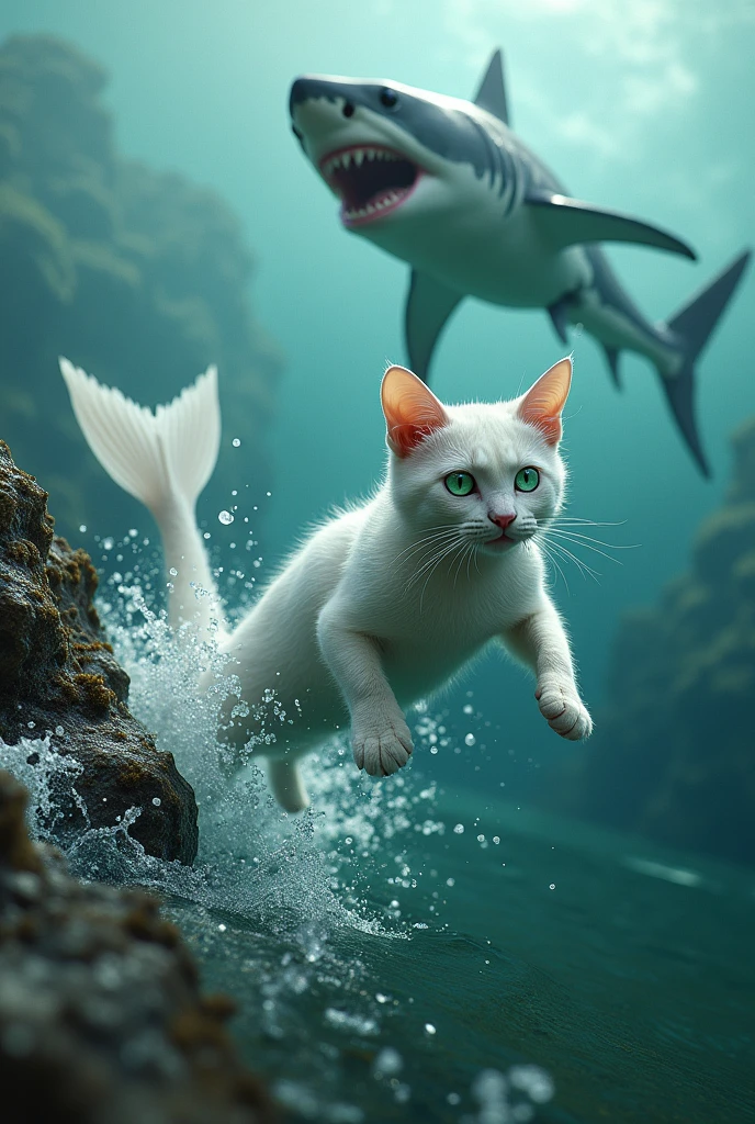 Just as the shark is about to attack, a white mermaid cat with shimmering scales and a long, graceful tail leaps from the water. Her green eyes flash with determination as she swims swiftly towards the rock.
