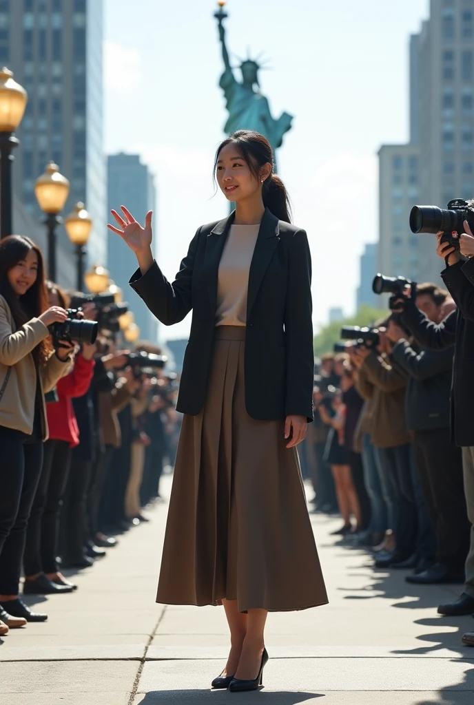a young woman long black ponytale hair, wear outfit jacket with shawl neck, long skirt dress clothes, wear high shoes, standing while raise right hand up to audience on middle between journalist, natural, sweetly smile, happiness, his actress movie hollywood, lighting pole lamps, real hyper realistic, real human japanese, UHD 8k, detailed photo, perfect face, detailed places, landscape, full body, photo was taken from a distance on outdoor sidewalk the statue of liberty new york city