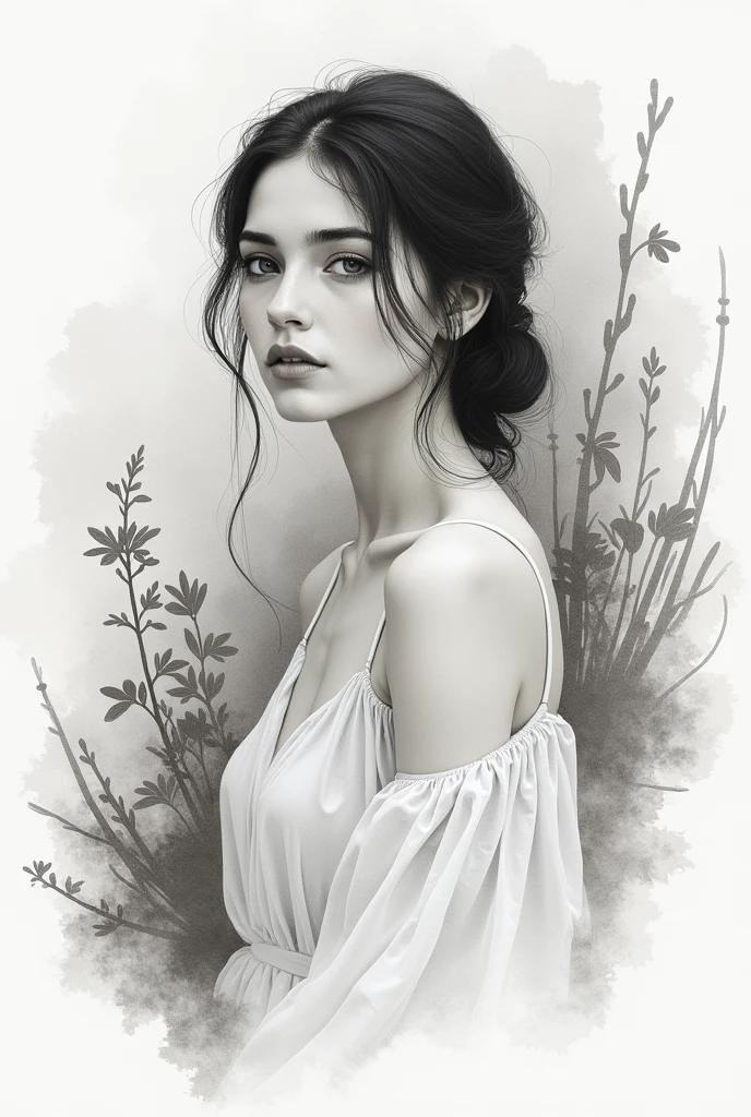 Second dimension watercolor girl natural background black and white
