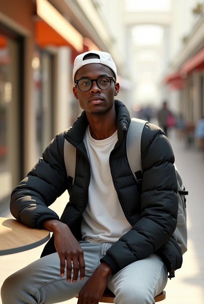 best qualityer:1.4), (ultra high resolution:1.2), (photorrealistic:1.4), (8k, CRU photo:1.2), a thin young man of 20 years old, skin black, with a smooth, beardless face, corte de cabelo buzzcut. He is wearing a white shirt and a black puffer jacket.. He is wearing light jeans. is wearing a white cap. He is sitting at a mall table. thin build. 1,75cm tall. It's sunny. thin build. is looking at the camera. 1,75 cm tall. thin build. He is wearing black prescription glasses.. He has a gray backpack on his back