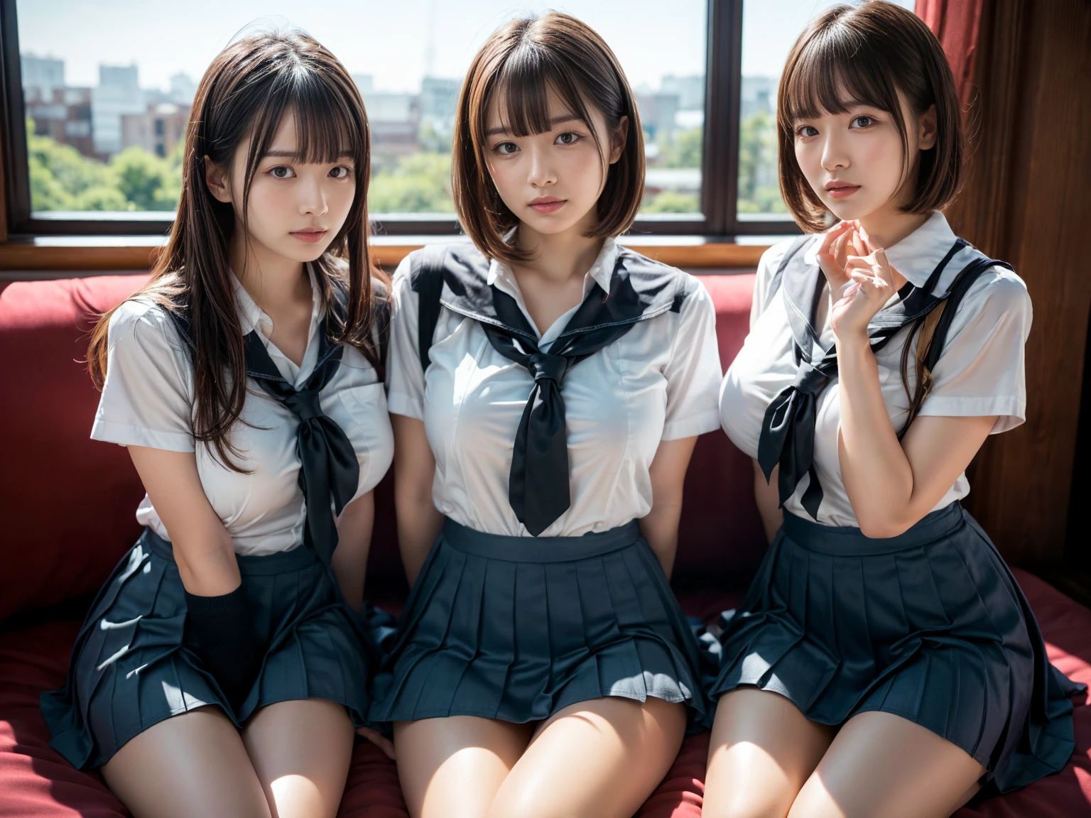 (RAW photo, 4k, masterpiece, high resolution, extremely complex) (realistic: 1.4), cinematic lighting
((2 girls, 2 schoolgirls)),Slam Dunk's,blushing,((innocent)),(Dark makeup),bright eyes,round eyes,blunt bangs,(short bob hair:1.3),black hair,large breasts,wide hips,Summer Noon, ,Hot, (Best Quality), (Highres), (an Extremely Delicate and Beautiful),(Beautiful 8k face),(Brown eyes),short bob hair,( spectators),(gigantic breasts),(Play with each other,Touching each other's bodies,Touching the body),(Japanese high school uniform:1.3),blue skirt,(reality),bright lighting,(The background is a luxury hotel room)