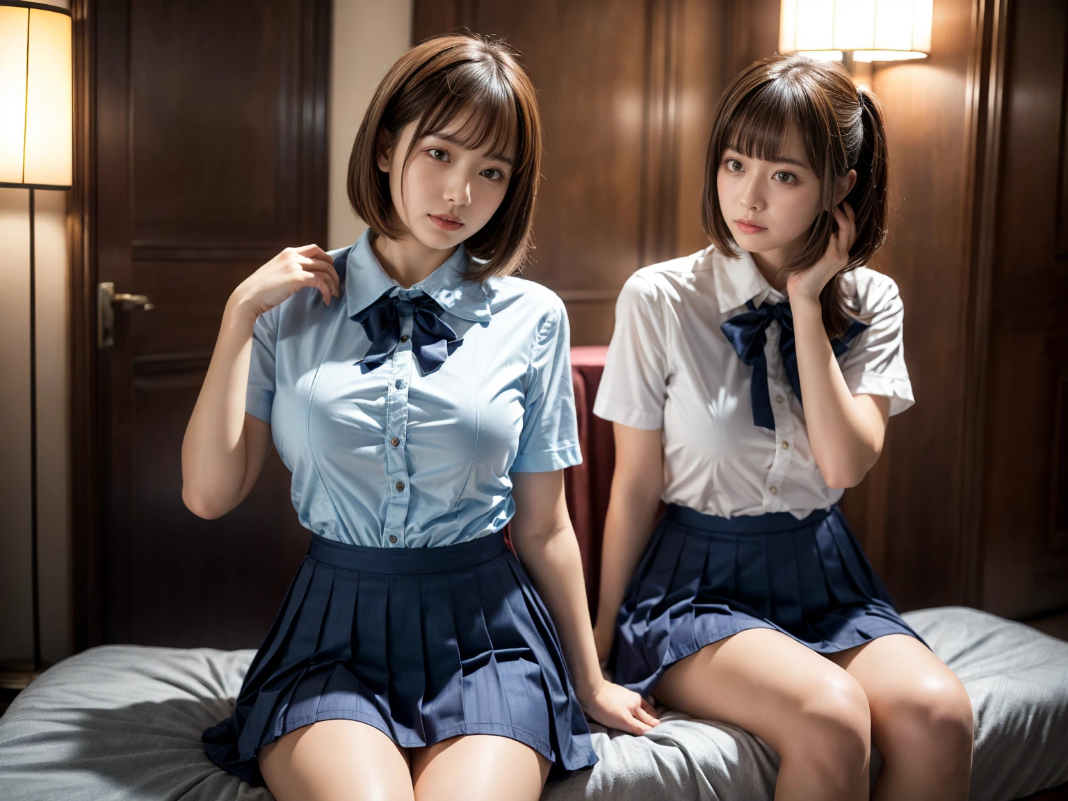 (RAW photo, 4k, masterpiece, high resolution, extremely complex) (realistic: 1.4), cinematic lighting
((2 girls, 2 schoolgirls)),Slam Dunk's,blushing,((innocent)),(Dark makeup),bright eyes,round eyes,blunt bangs,(short bob hair:1.3),black hair,large breasts,wide hips,Summer Noon, ,Hot, (Best Quality), (Highres), (an Extremely Delicate and Beautiful),(Beautiful 8k face),(Brown eyes),short bob hair,( spectators),(gigantic breasts),(Play with each other,Touching each other's bodies,Touching the body),(Japanese high school uniform:1.3),blue skirt,(reality),bright lighting,(The background is a luxury hotel room)