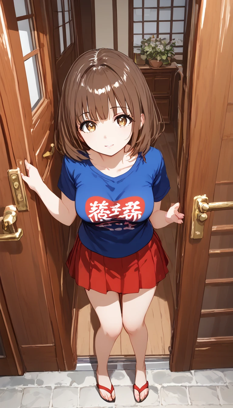 Highest quality,Ultra-high quality,Scale up,breast enhancement,Japan人,Japan,woman,Loungewear,T-Shirts,skirt,Brown eyes,Bob Hair,Dark brown hair,Big Tits,Above the ground,Are standing,Entrance of the house,open the door