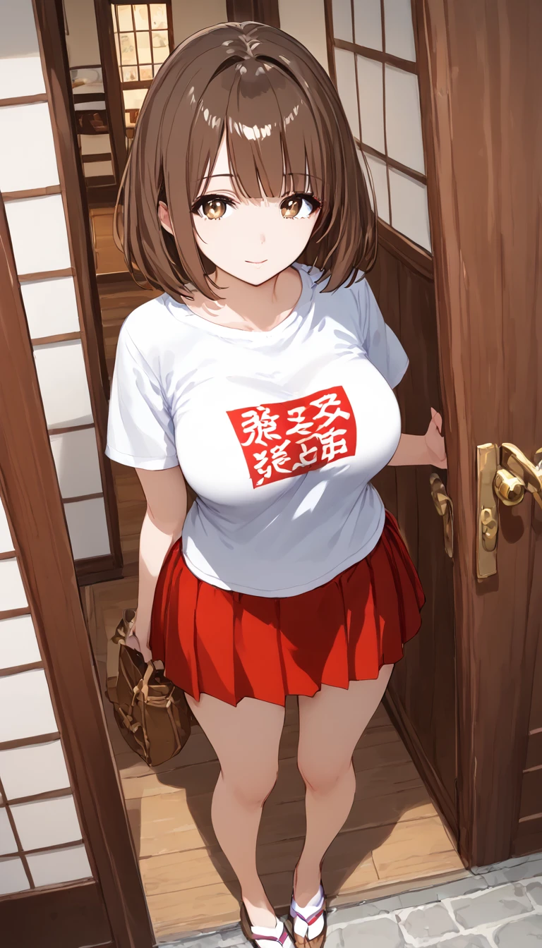 Highest quality,Ultra-high quality,Scale up,breast enhancement,Japan人,Japan,woman,Loungewear,T-Shirts,skirt,Brown eyes,Bob Hair,Dark brown hair,Big Tits,Above the ground,Are standing,Entrance of the house,open the door