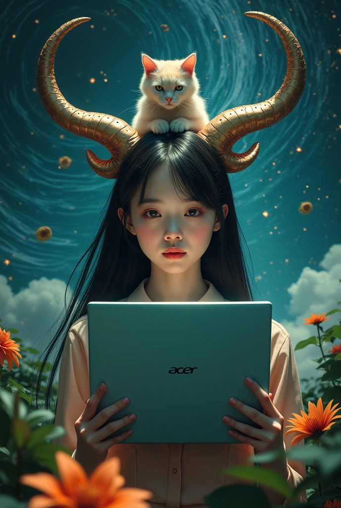 Take acer on adventure,Acer notebook main point, close-up portrait of woman while holding acer notebook, robot asian girl have body like minotuar, surrealist, high quality, cinematic, low-key, galaxy paradise fall in background, jungle flower in foreground, film grain filter, a little cat on head
