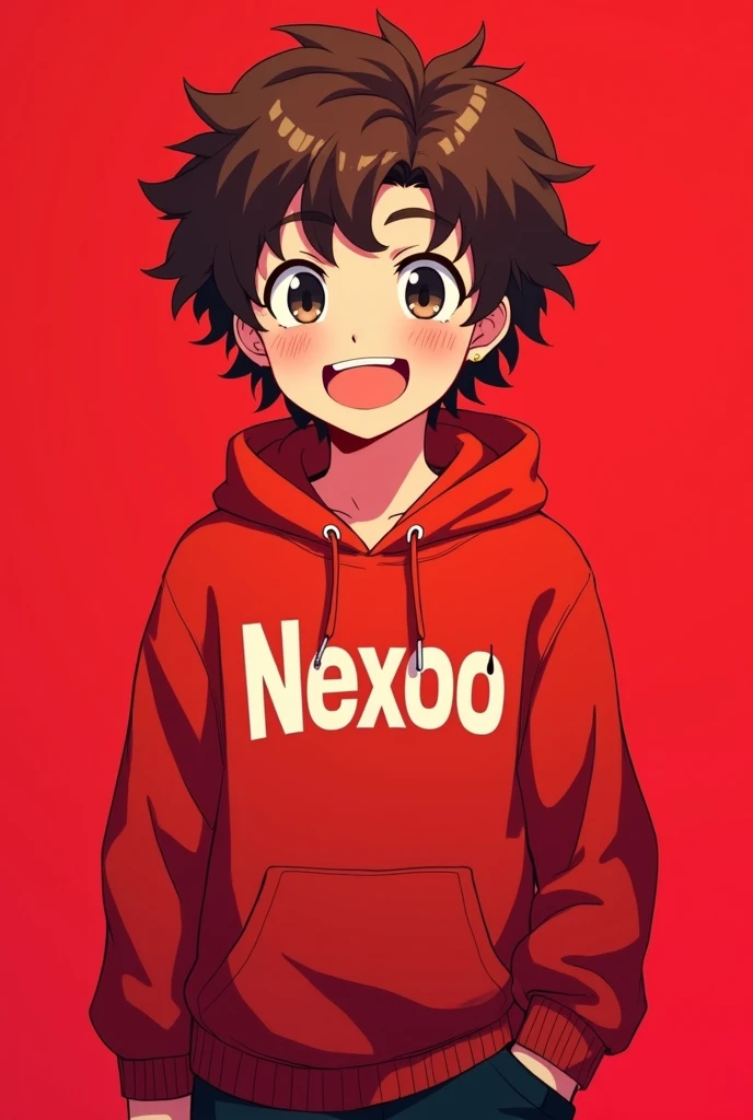 Make me a boy who looks like in anime he has brown curls and the background is red he should smile and the background should also be red and he has a red sweater with Nexoo written on it in white letters he should look like in anime