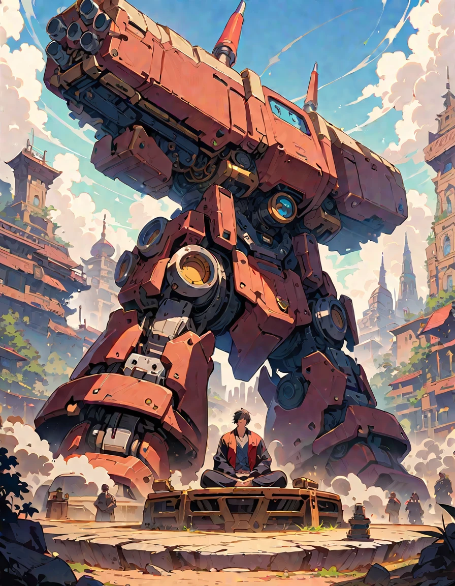 (Highest quality,Extremely detailed depiction,Incredible high resolution),Buddha statue giant robot:1.3,pedestal,Sitting in meditation,Huge Machine,Beam cannon,Mechanical,gear,The world of steampunk,High quality anime drawings