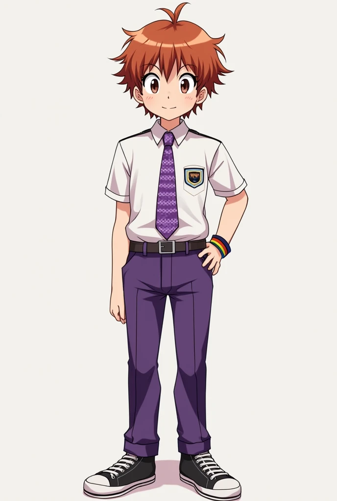 Un lycéen d'anime aux cheveux bouclés et châtains, sans frange. Il porte pour uniforme une chemise blanche, une cravate violette à carreaux et un pantalon violet aussi. Il porte le blason du président des élèves à son épaule, il est un peu dodu, il a un visage rond et gentil. Il a l'air excentrique. Ses chaussures sont des converses noires et il porte un bracelet LGBT. Il se tient droit, et de face. Il est grand et a l'air adulte, mais aussi efféminé.
