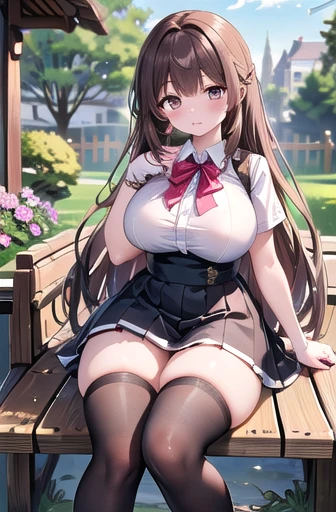 (masterpiece, 最high quality, 8k, 16K, high quality, 最high quality:1.3), One person, Adult female, alone, expensive, Thick thighs, Huge thighs, big breasts, big , Huge breasts, Brown Hair, Brown eyes, High school girl outfit, skirt, Black thigh-high socks, outside, garden, Cherry tree,