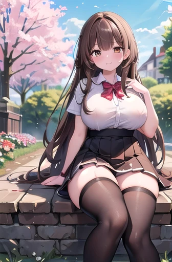 (masterpiece, 最high quality, 8k, 16K, high quality, 最high quality:1.3), One person, Adult female, alone, expensive, Thick thighs, Huge thighs, big breasts, big , Huge breasts, Brown Hair, Brown eyes, High school girl outfit, skirt, Black thigh-high socks, outside, garden, Cherry tree,