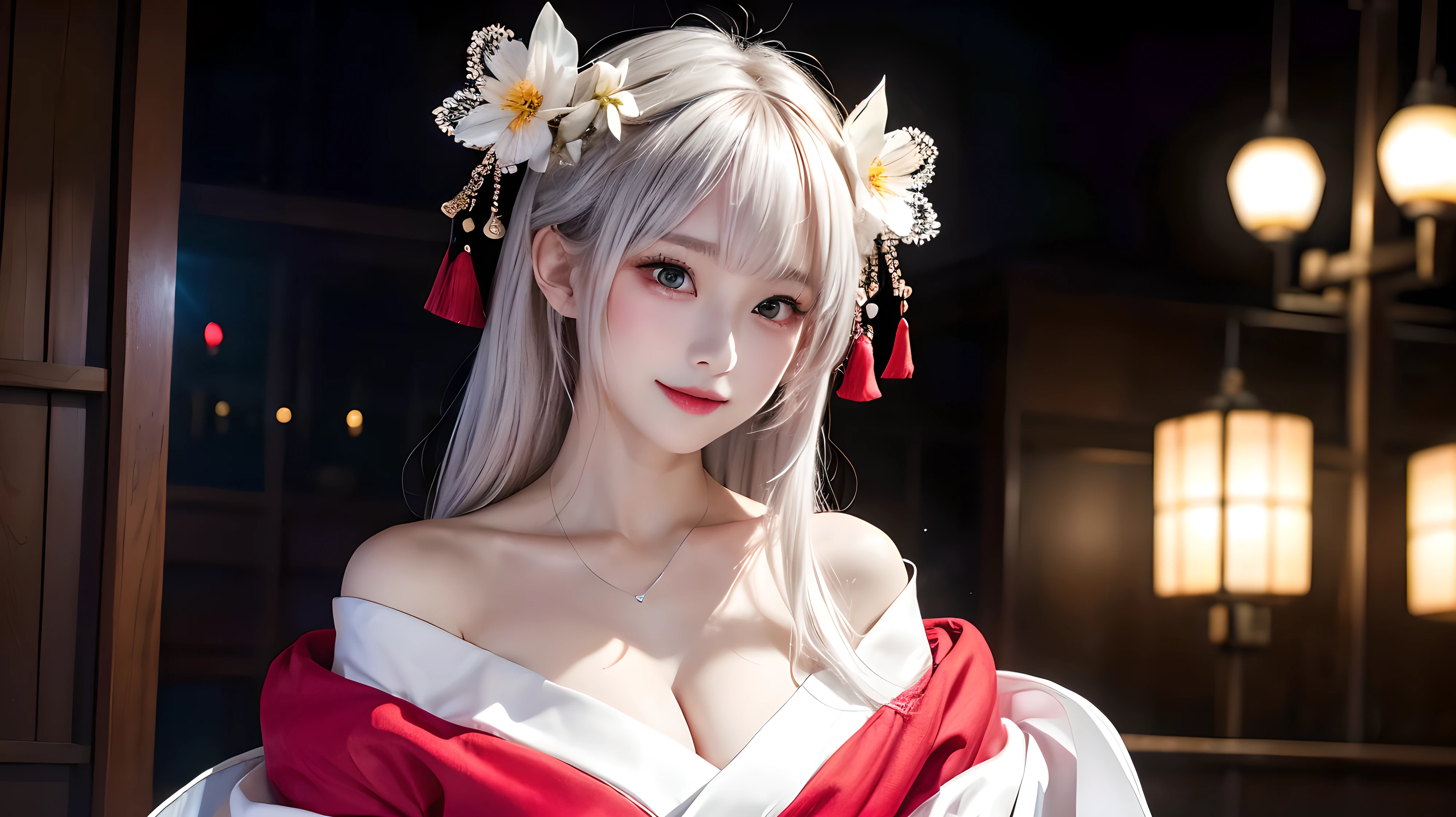 ((alone、A courtesan wearing a kimono loosely、Elegant woman posing:1.4、Detailed face、Bright expression、Younger, brighter, whiter skin、Best Looks、The ultimate beauty、Silver hair with dazzling highlights、Shiny bright hair,、arranged hairstyle:1.2、Hair dancing in the wind))(night、wind、London at night、Fantastic Wind Scenery、Particles of light、White Dust、Dust flutters)((Off-the-shoulder style、Exposing shoulders、Expose the neck、Exposing cleavage:1.2))The sleeves of the kimono are connected