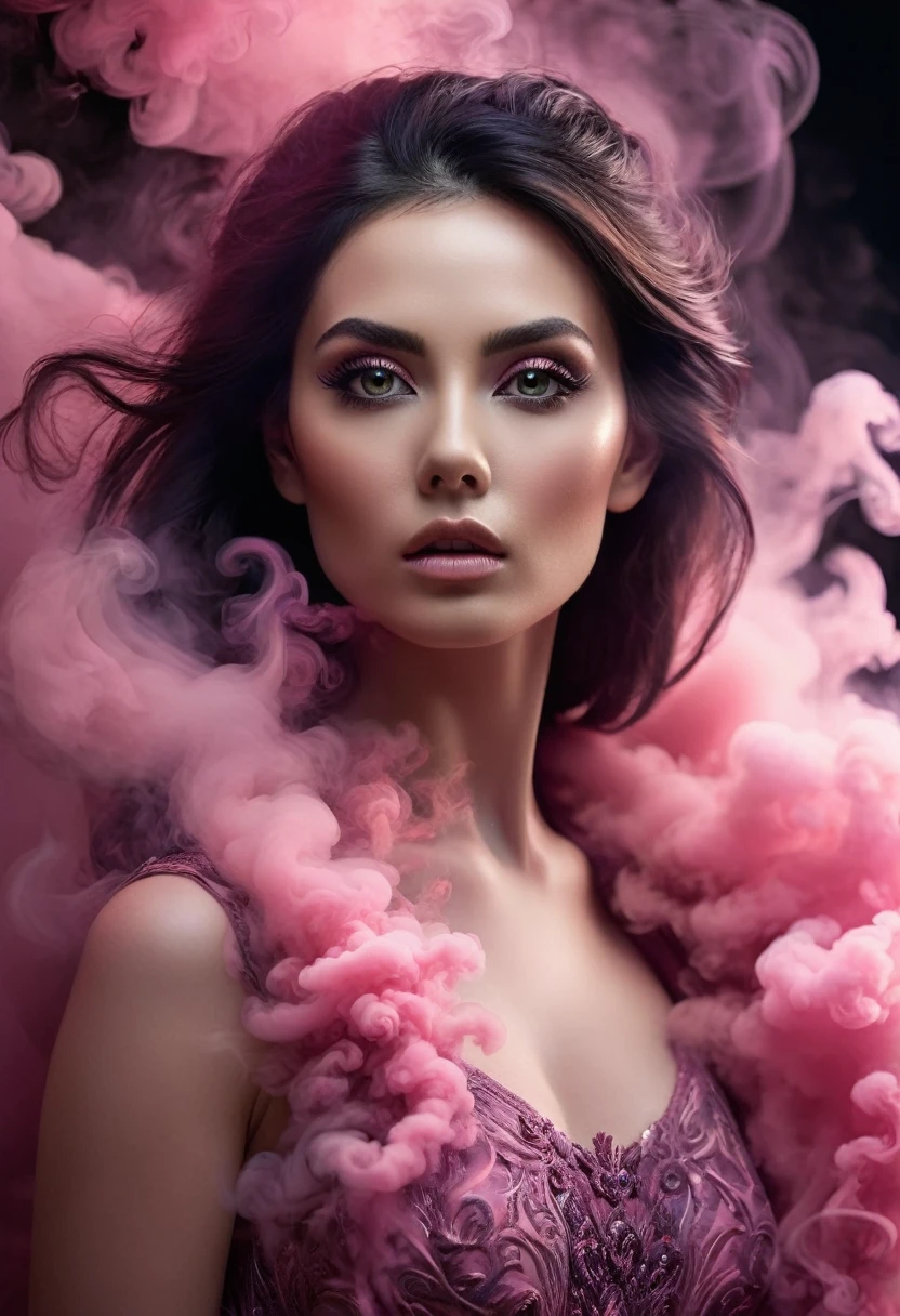 A majestic work of art, a woman, intricately detailed, with an intense, piercing gaze emanating from her singular, striking eye, set against a backdrop of ethereal, swirling pink smoke that appears to shift and undulate as if alive, illuminated by a cinematic lighting scheme that casts dramatic, high-contrast shadows and highlights, evoking a sense of mystery and the otherworldly, with each element expertly rendered in exquisite, high-definition detail, exuding a sense of artistic mastery and visual sophistication.