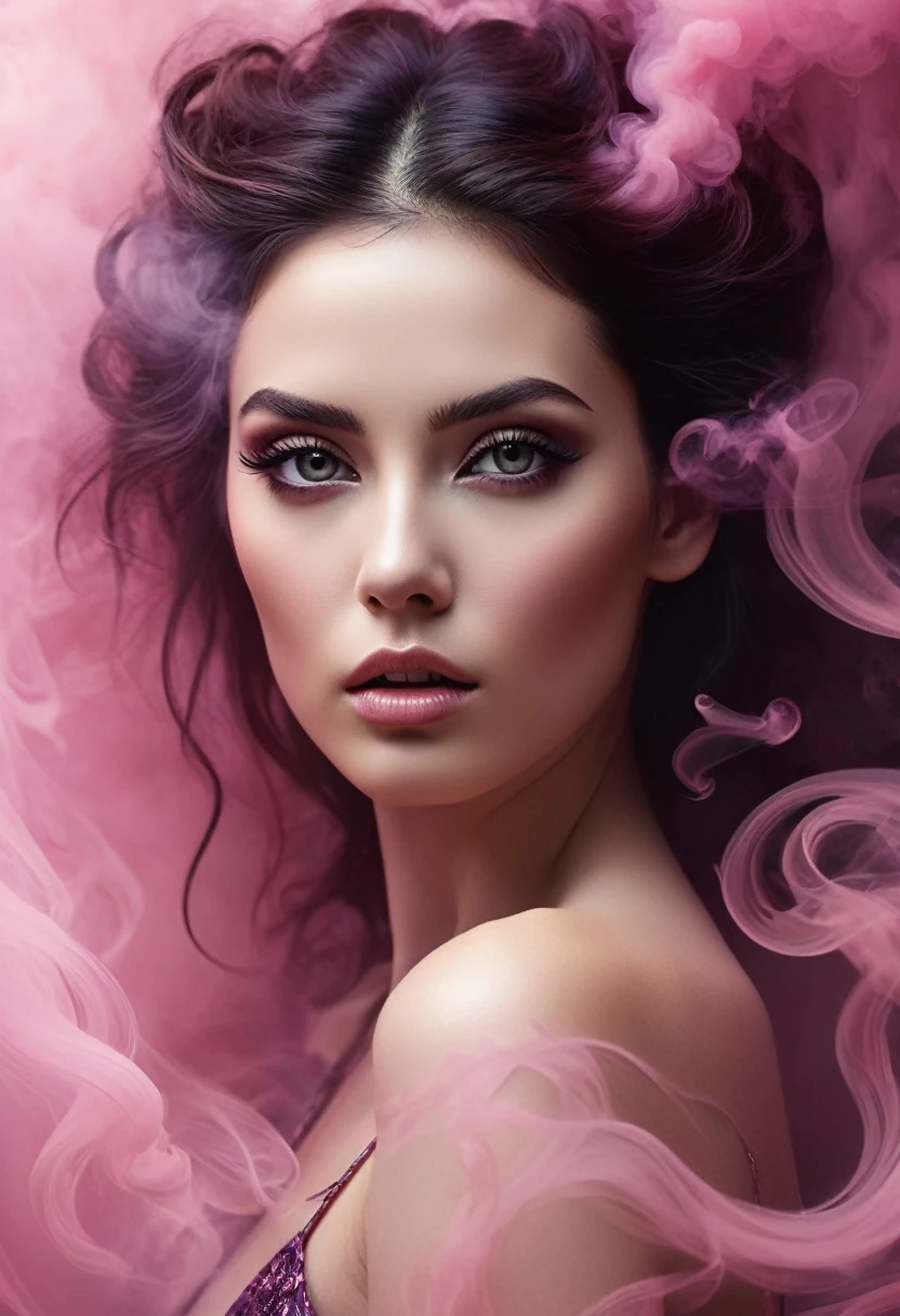 A majestic work of art, a woman, intricately detailed, with an intense, piercing gaze emanating from her singular, striking eye, set against a backdrop of ethereal, swirling pink smoke that appears to shift and undulate as if alive, illuminated by a cinematic lighting scheme that casts dramatic, high-contrast shadows and highlights, evoking a sense of mystery and the otherworldly, with each element expertly rendered in exquisite, high-definition detail, exuding a sense of artistic mastery and visual sophistication.