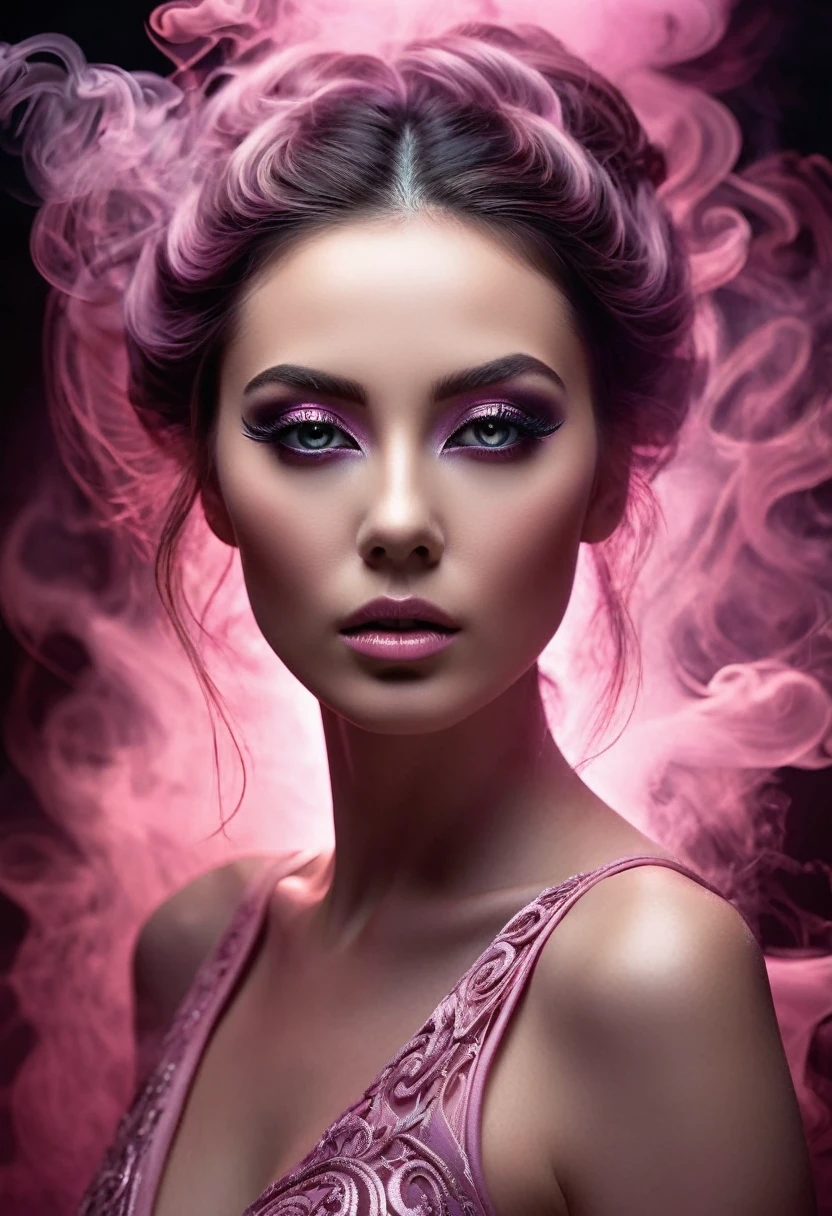 A majestic work of art, a woman, intricately detailed, with an intense, piercing gaze emanating from her singular, striking eye, set against a backdrop of ethereal, swirling pink smoke that appears to shift and undulate as if alive, illuminated by a cinematic lighting scheme that casts dramatic, high-contrast shadows and highlights, evoking a sense of mystery and the otherworldly, with each element expertly rendered in exquisite, high-definition detail, exuding a sense of artistic mastery and visual sophistication.
