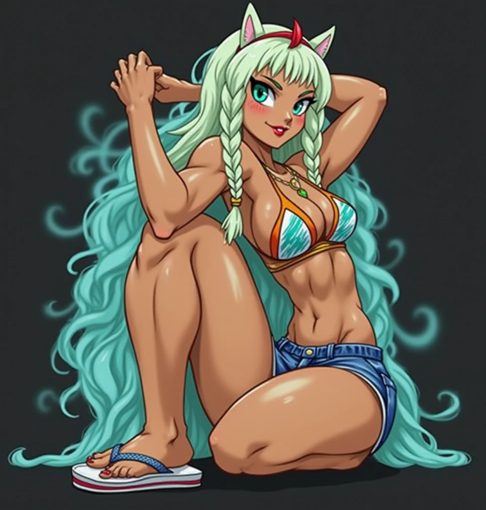 Heroine Very muscular woman body builder body of a professional fighter athletic great physical attributes tanned brown skin she has sun marks from her bra and thong panties in Vê, She is blonde with long hair with a single red fringe and has two long braids and cat ears., It has eyes of two different colors, the left one is pool blue and has a pool blue sclera, the right one is yellow and has a yellow sclera, both eyes have a cat's pupil, She is wearing very typical Brazilian clothing, a women's tank top, denim shorts and flip-flops.. Artstyle Vtuber