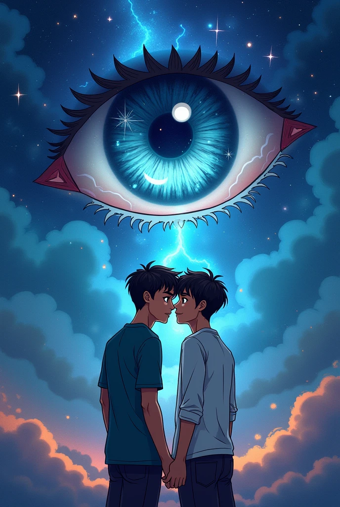 Create me a good book cover like the background is a some sort of the universe and in between or in any part, there is a big mysterious eye, and inside that eye, there is the symbol Yin Yang , and create a two young men below the eye show that they are really In love Make it fantasy vibes and make it simple but artistic , emphasize the Yin Yang on the eye. Make it more cartoonish and make the book cover like a beginner but have a experience on art