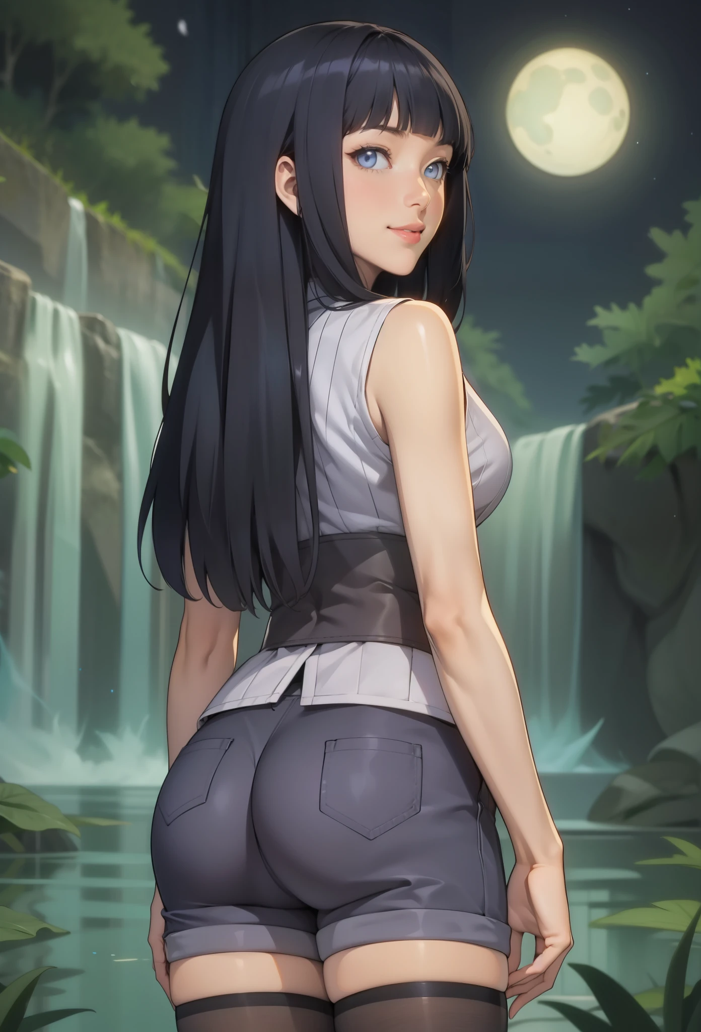 perfect eyes:1.2, detailed eyes:1.4, smile, brush, shy, hyuugahin, light gray top, white eyes, "black long hair", blue eyes, 1girl, blunt bangs, cowboy shot, 1girl, solo, (masterpiece:1.6, best quality), 8k, insane details, intricate details, hyperdetailed, hyper quality, high detail, ultra detailed, professional, HDR, ray tracing reflection, cinematic lighting,