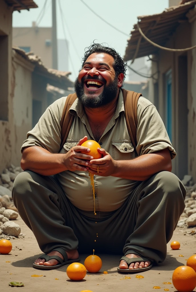 A fat poor man is sitting on the ground eating fruit and laughing
