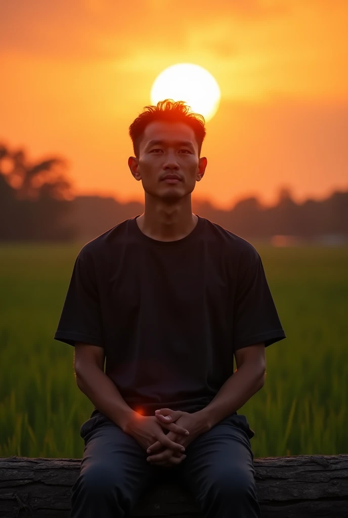 A 40-year-old Thai man wearing an e-sports T-shirt, slightly muscular, sitting on a log, facing forward, with large, gentle eyes.,, With the sun setting behind the green rice fields, During sunset, 8k Selfie photograph, Selfie photo, During sunset แสงพระอาทิตย์กลมโต มีแสงอ่อนนวลสายตา, The sun is behind him., The sun is setting.