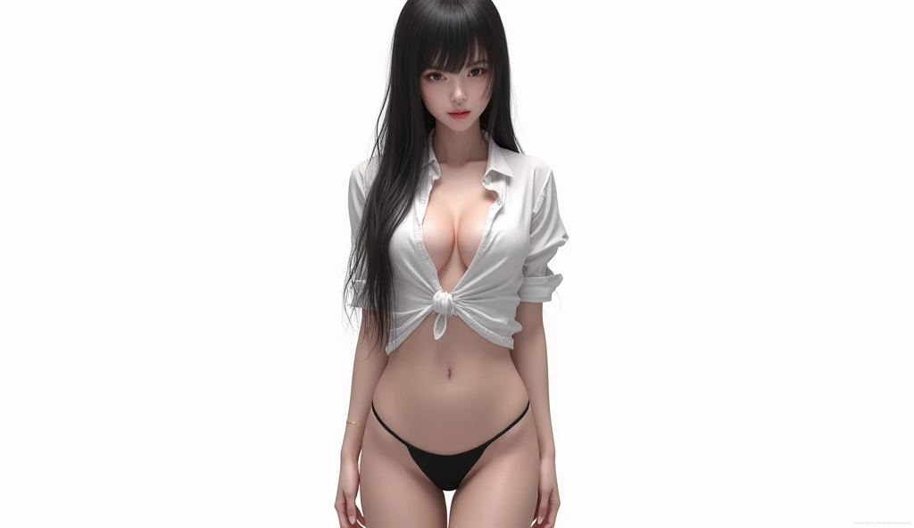 nipples, visible from the white shirt (((masterpiece, top quality)), no panties, 1 girl, (photorealistic: 1.4), One, White background, black hair, long hair, absolute area, skirt, ((whole body)),